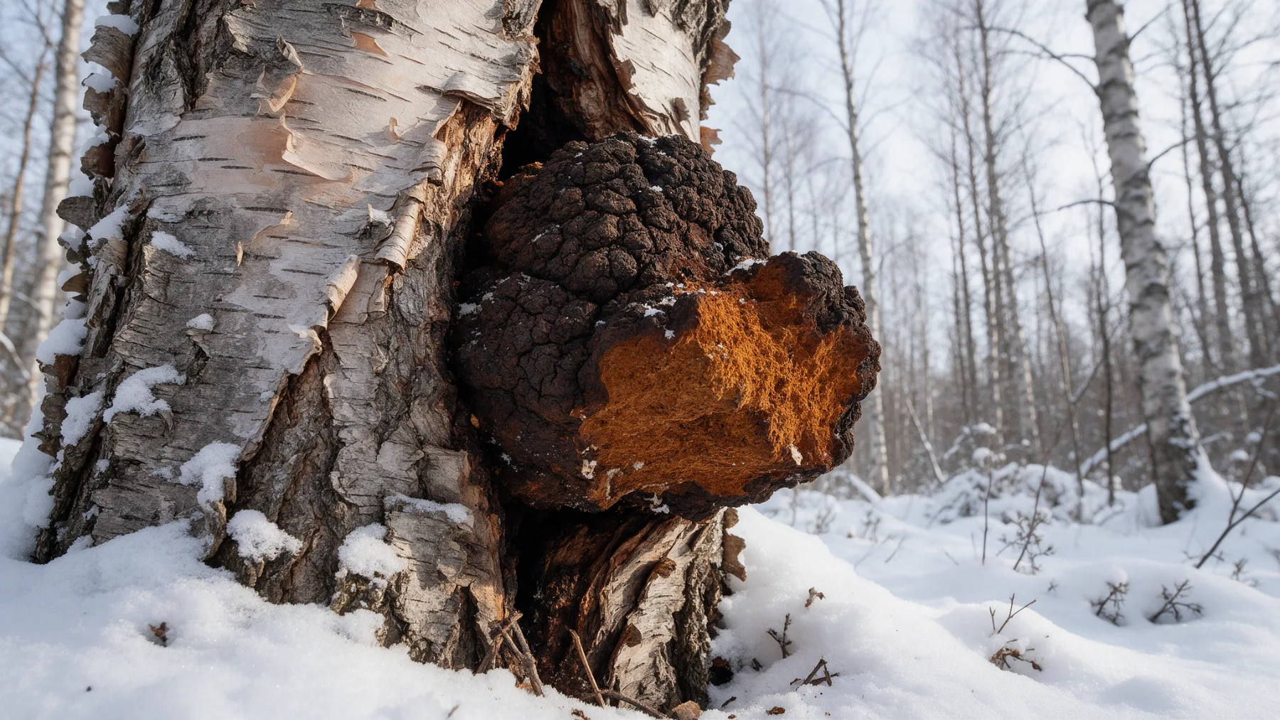 Chaga sur un tronc de bouleau en forêt enneigée