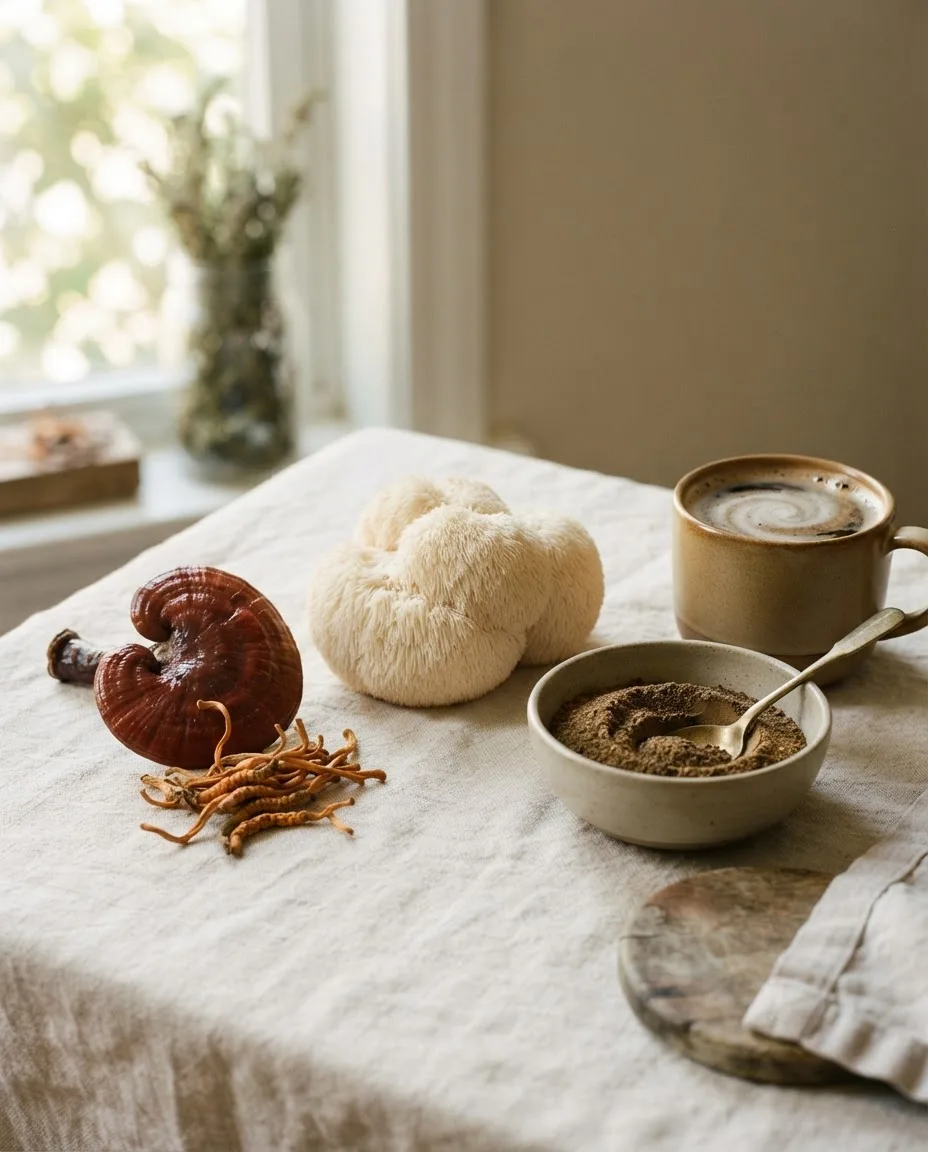 Lion’s mane, reishi, cordyceps et café aux champignons sur une nappe en lin