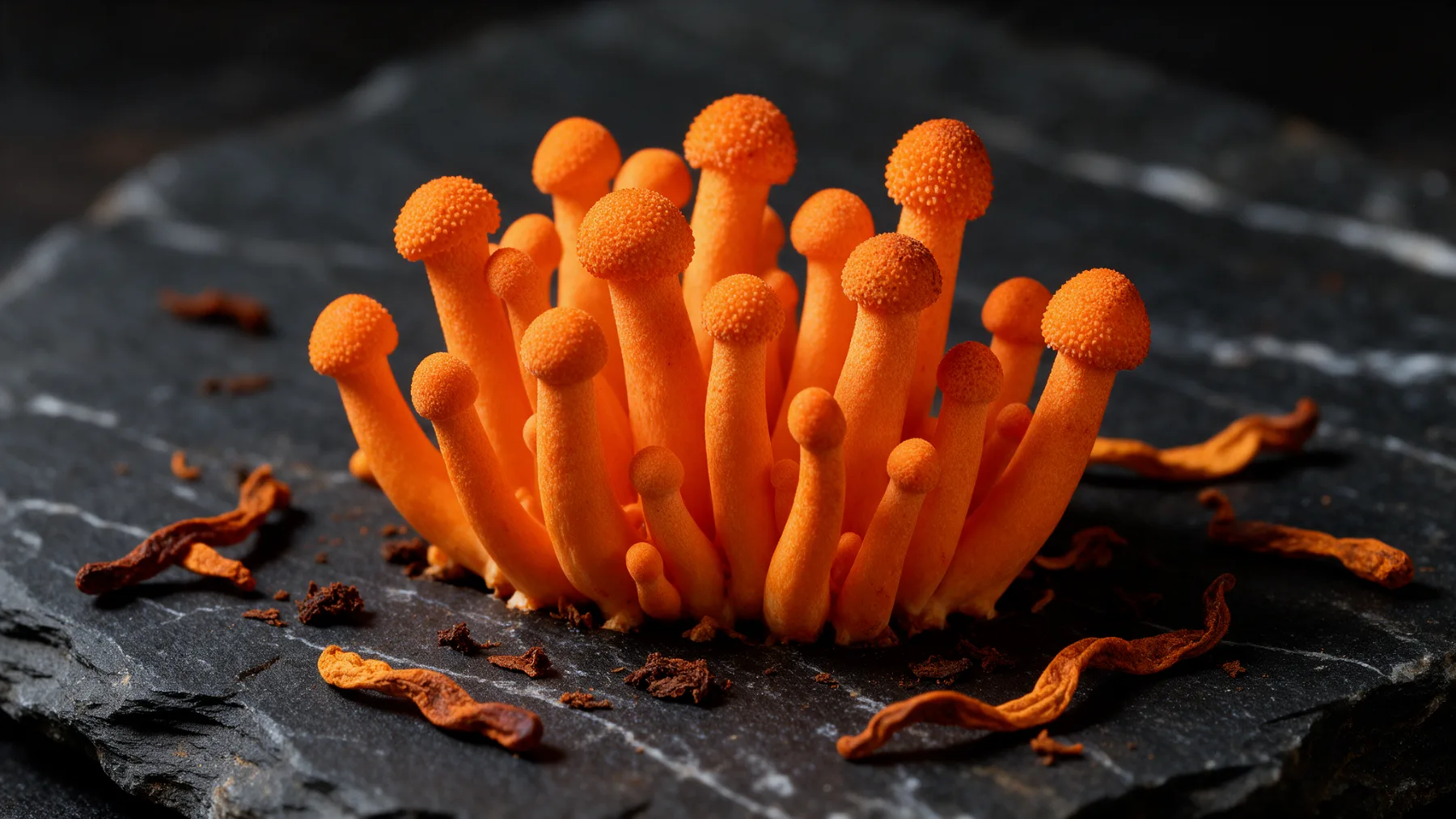 Cordyceps militaris orange sur ardoise